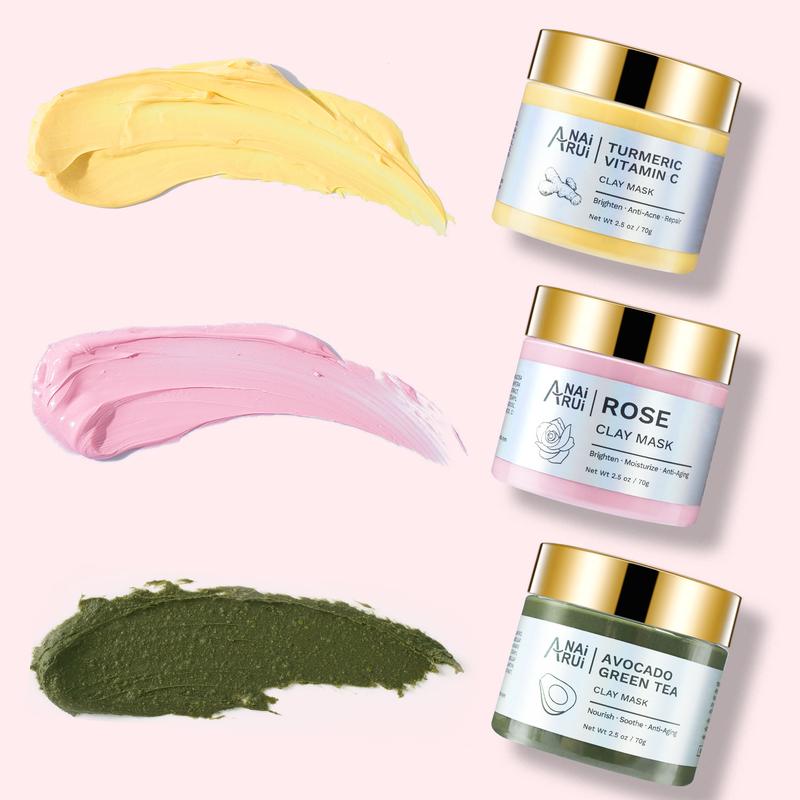 ANAiRUi 3in1 Clay Mask Set, Turmeric Vitamin C Clay Mask, Rose Clay Mask, Avocado Green Tea Mask for Deep Cleansing, Oily Skin, Skincare Facial Mask