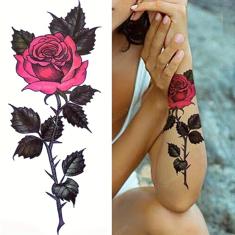 Rose Pattern Temporary Tattoo Sticker, 1 Count Waterproof Temporary Tattoo Sticker, Body Art Sticker for Women, Body Art Decoration