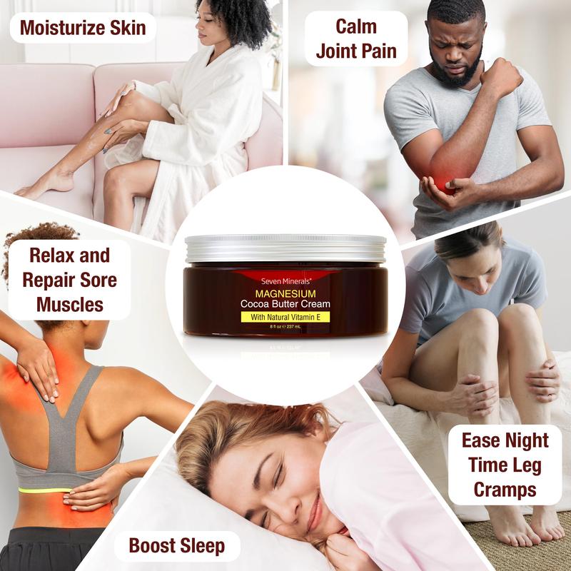 Seven Minerals, Magnesium Cream for Pain Calm, Leg Cramps, Sleep & Muscle Soreness With Moisturizing Organic Cocoa Butter - Skin Repair & Body Care