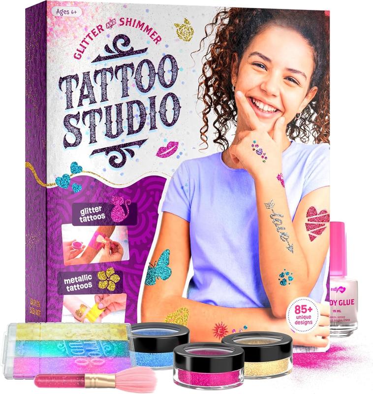 Temporary Shimry Tattoo Studio Kit for Kids - Glitter & tallic Fake Tattoos for Girls - Birthday Gift Ideas for Girl - Best Craft Kits Toys Stuff for Ages 6, 7, 8, 9, 10, 11 Year Old - Cool Gifts