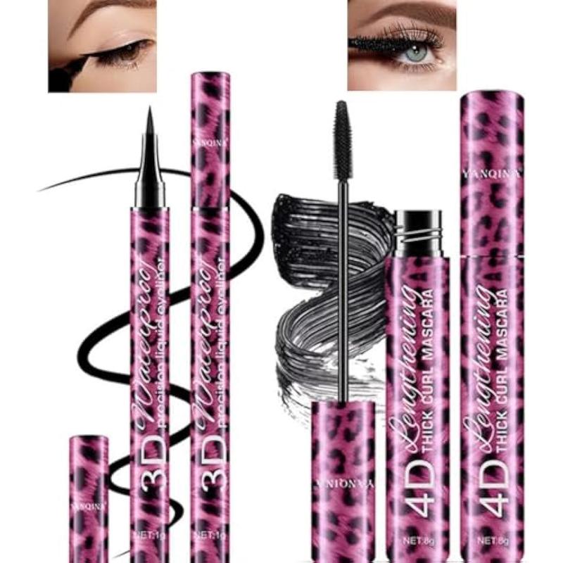 4D Silk Fiber Mascara and Eyeliner Pen Set, Extra-long Thick Mascara, Waterproof and Sweat-proof, No Smudge, Quick Drying, Lasting and Perfect Eye Makeup for A Whole Day (black)Mascara