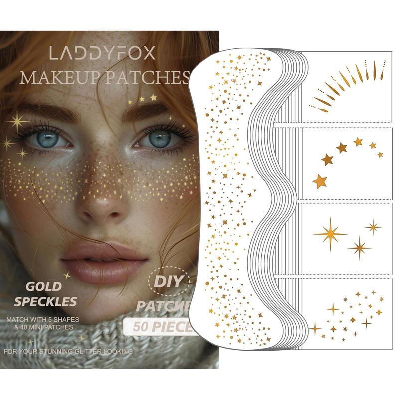 50 Pcs Gold Face Makeup Patches, Glitter Freckles Face Tattoo, Glitter Freckles, Sparkle Makeup Patches, Waterproof Face Glitter Speckles Patches for Women (Gold)