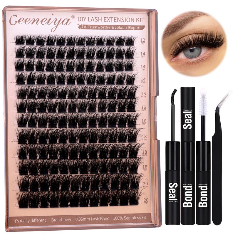 Geeneiya 12-20mm Lash Clusters Kit Fluffy Lash Extension Kit D Curl Eyelash Extension Kit Thick Wispy DIY Individual Eyelashes with Lash Bond and Seal Lash Applicator Makeup Cosmetic Eyelashes Extensions