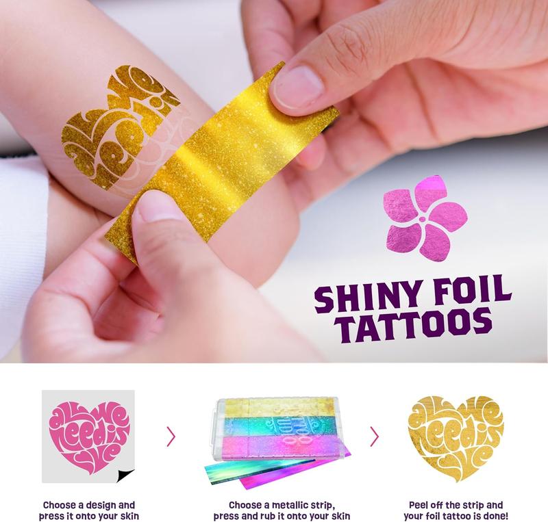 Temporary Shimry Tattoo Studio Kit for Kids - Glitter & tallic Fake Tattoos for Girls - Birthday Gift Ideas for Girl - Best Craft Kits Toys Stuff for Ages 6, 7, 8, 9, 10, 11 Year Old - Cool Gifts