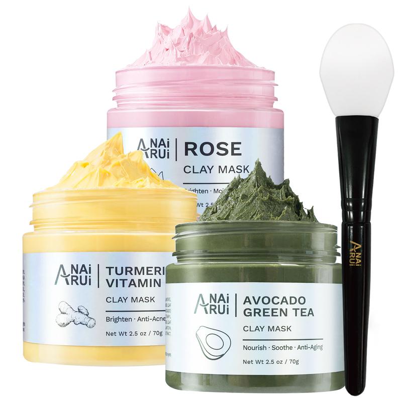 ANAiRUi 3in1 Clay Mask Set, Turmeric Vitamin C Clay Mask, Rose Clay Mask, Avocado Green Tea Mask for Deep Cleansing, Oily Skin, Skincare Facial Mask