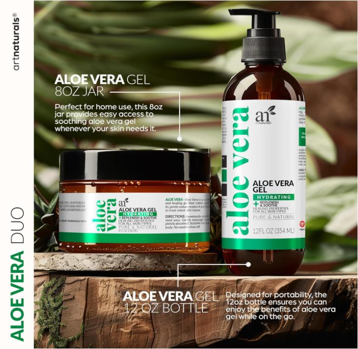 artnaturals Aloe Vera Gel Set - JUMBO 20oz ( Pure Organic) - Sunburn Relief & Hydration for Face, Body, Scalp & Hair - Calming Moisturizer After Sun Exposure - Freshly Harvested within 12 Hours