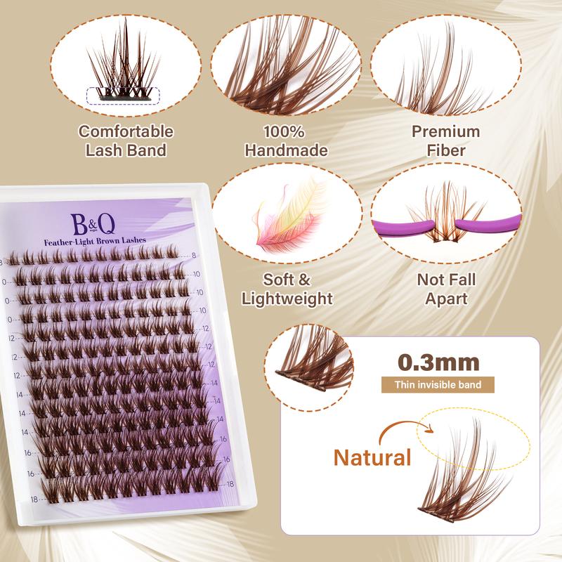 B&Q Brown Lash Kit Invisible Band 144 pcs Manga Lashes Individual with Lash Bond and Seal Easy Removal Eyelash Extension Kit (8-18mm)