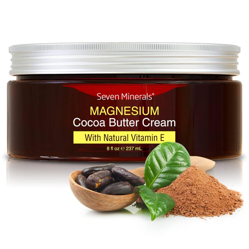 Seven Minerals, Magnesium Cream for Pain Calm, Leg Cramps, Sleep & Muscle Soreness With Moisturizing Organic Cocoa Butter - Skin Repair & Body Care