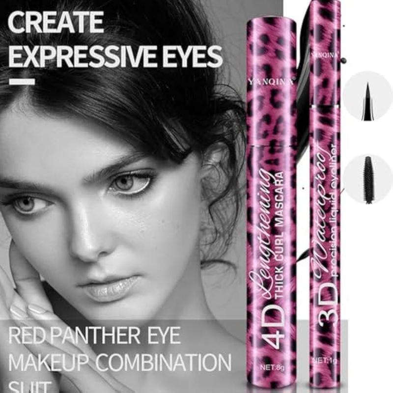 4D Silk Fiber Mascara and Eyeliner Pen Set, Extra-long Thick Mascara, Waterproof and Sweat-proof, No Smudge, Quick Drying, Lasting and Perfect Eye Makeup for A Whole Day (black)Mascara