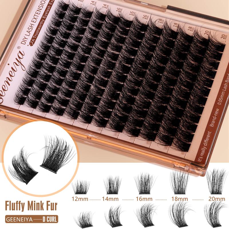 Geeneiya 12-20mm Lash Clusters Kit Fluffy Lash Extension Kit D Curl Eyelash Extension Kit Thick Wispy DIY Individual Eyelashes with Lash Bond and Seal Lash Applicator Makeup Cosmetic Eyelashes Extensions