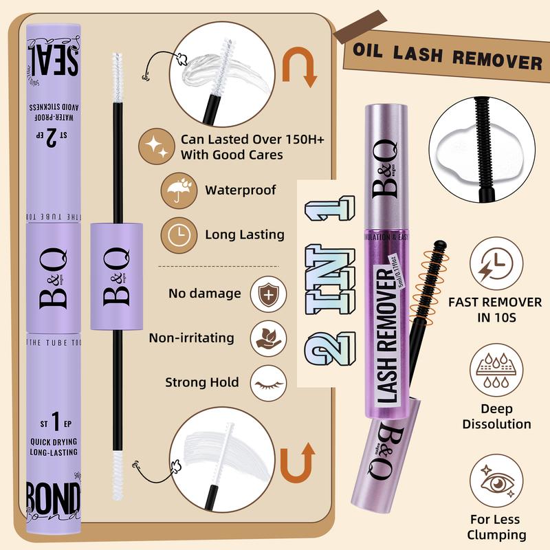 B&Q Brown Lash Kit Invisible Band 144 pcs Manga Lashes Individual with Lash Bond and Seal Easy Removal Eyelash Extension Kit (8-18mm)