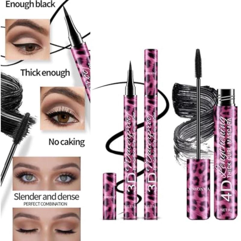 4D Silk Fiber Mascara and Eyeliner Pen Set, Extra-long Thick Mascara, Waterproof and Sweat-proof, No Smudge, Quick Drying, Lasting and Perfect Eye Makeup for A Whole Day (black)Mascara