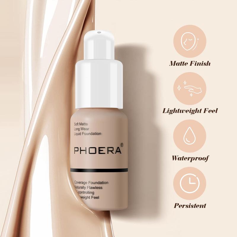 PHOERA Foundation Full Coverage Liquid Foundation Cream - Long-lasting Lightweight Concealer - Oil-Free Formula -  Shade - Suitable for All  Types (Buff Beige #104)