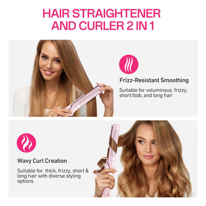 Electric Heated Hair Curler Straightener 2 in 1，Dual Voltage for Travel, Curly Iron for Long & Short Pink Professional Women hair curler lightweight