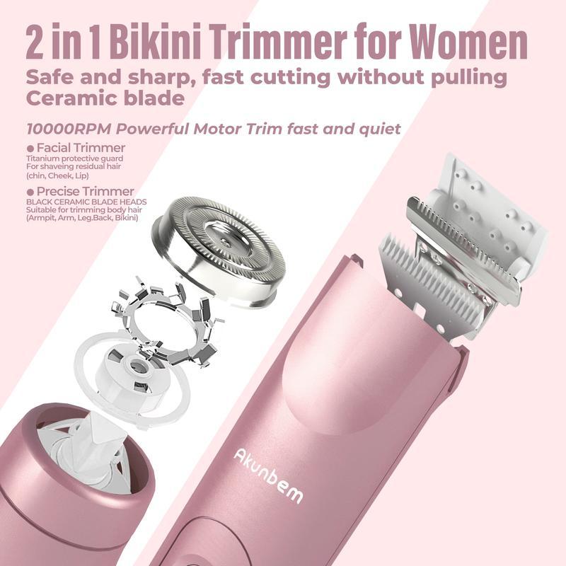 Akunbem Bikini Trimmer for Women,  Electric Shaver and Razor Rechargeable 2-in-1 Body and Facial Hair Removal Double Head for Painless Trimming of Pubic Face Underarm Legs, IPX7 Waterproof, Pink