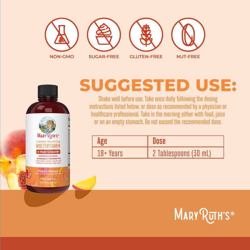 MaryRuth's Liquid Multivitamin + Hair Growth With Clinically Tested Lustriva - Thicker Hair - Reduce Wrinkles & Fine Lines - Vegan - 15.22 Fl Oz