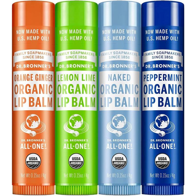 Dr. Bronner's - Organic Lip Balm Variety Peppermint, Orange Ginger, Naked, Lemon Lime) - Made with Organic Beeswax and Avocado Oil, For Dry Lips, Hands, Chin or Cheeks, 0.15 Ounce (Pack of 4)