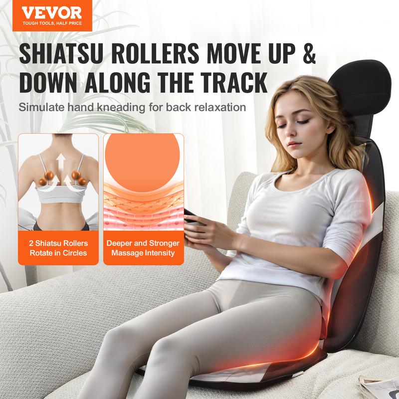 VEVOR Shiatsu Back Massager with Heat, Massage Seat Cushion with 2-Group Back Shiatsu Rollers and 2 Seat Vibration Motors, Fatigue Relief Seat Massage Chair Pad with 5 Vibration Modes for Home Office Relaxing Vibrating