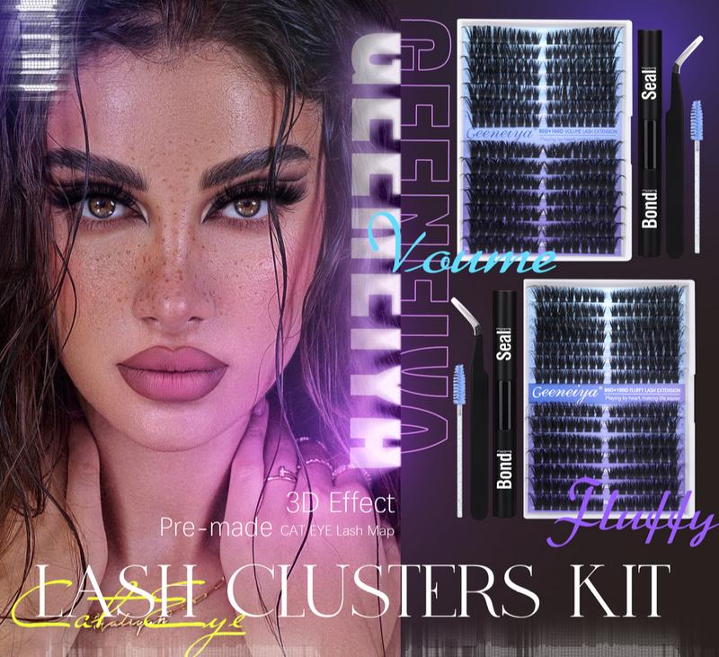 Geeneiya Pre-made Cat Eye Lash Clusters Kit Fluffy Lash Extension Kit 9-16mm Wispy Cluster Eyelash Extensions Kit 80D+100D Individual Eyelashes with Waterproof Lash Bond and Seal, Lash Tweezers