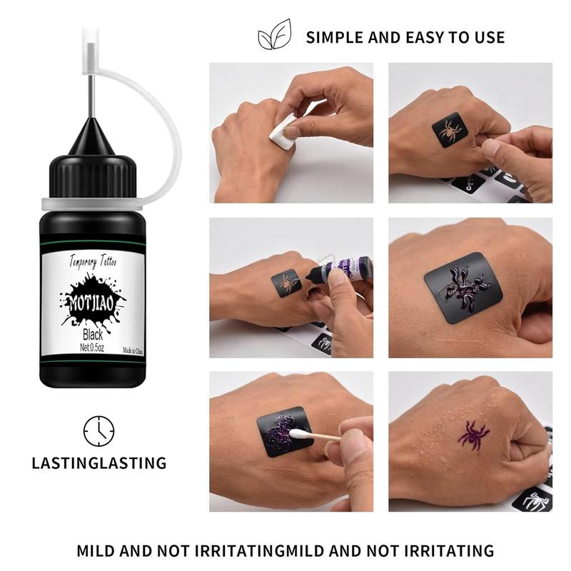 Temporary Tattoo Kit Waterproof Lasting for 3-7 days(Natural Plants Based) Including 178 Pcs Free Stencils Temporary Tattoo ink 8 Bottles with 8 Colors Suitable for Kids and adults