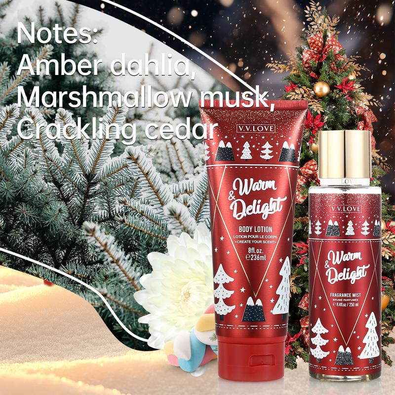 Christmas Gift Fragrance Duo Set, Woody Musk Mist & Lotion Set, Long-Lasting Fragrance with Amber Dahlia, Marshmallow Musk, and Crackling Cedar Fragrance Mist 250ml Body Lotion 236ml