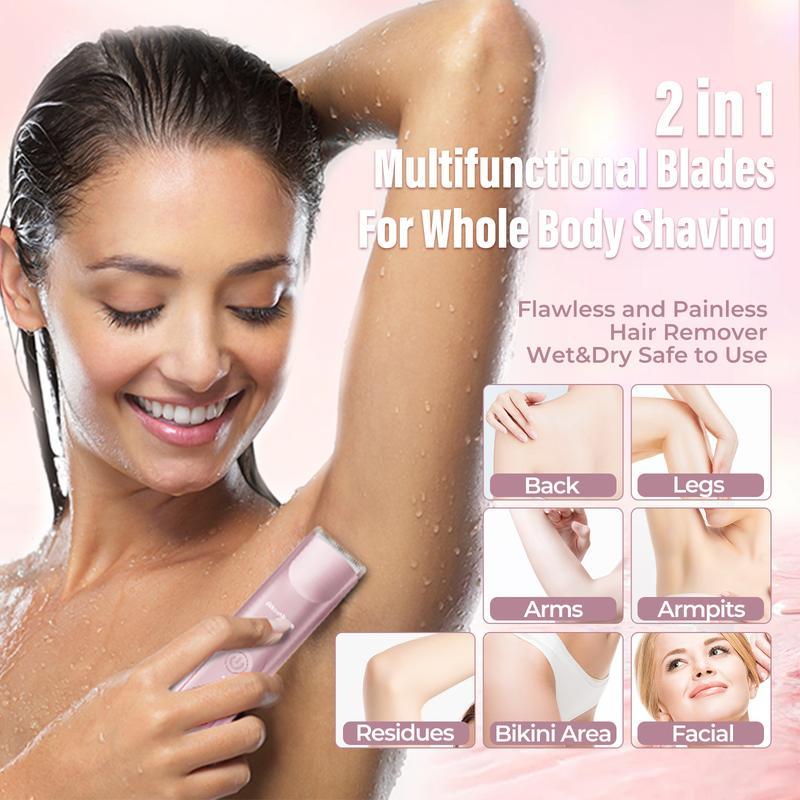 Akunbem Bikini Trimmer for Women,  Electric Shaver and Razor Rechargeable 2-in-1 Body and Facial Hair Removal Double Head for Painless Trimming of Pubic Face Underarm Legs, IPX7 Waterproof, Pink