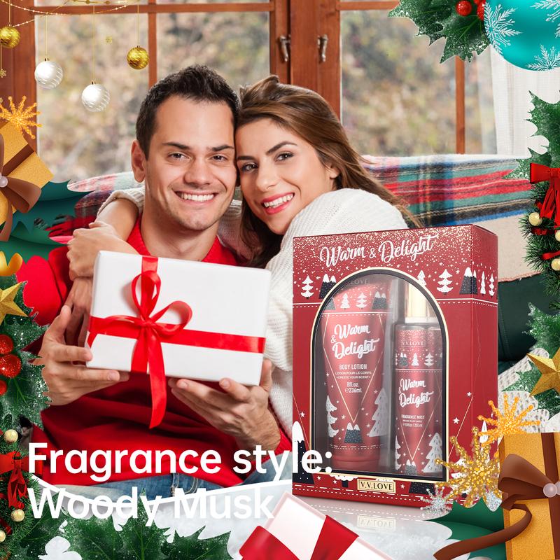 Christmas Gift Fragrance Duo Set, Woody Musk Mist & Lotion Set, Long-Lasting Fragrance with Amber Dahlia, Marshmallow Musk, and Crackling Cedar Fragrance Mist 250ml Body Lotion 236ml