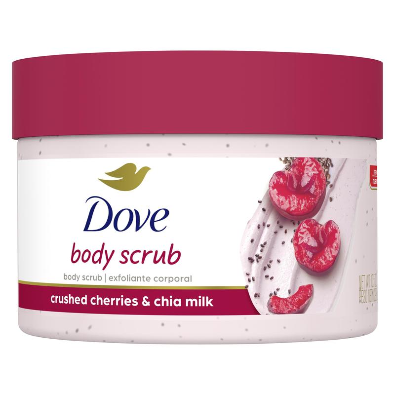 Dove Exfoliating Body Polish Crushed Cherries & Chia Milk Skin Care for Revitalized Skin Formulated with 1 4 Moisturizing Cream 10.5 oz