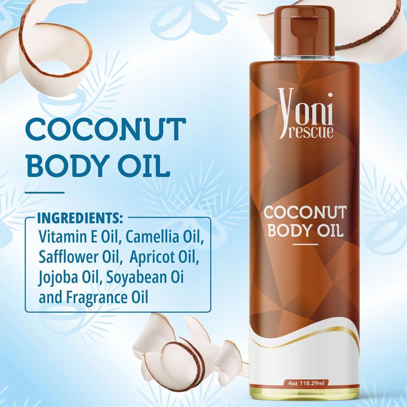 Coconut Body Oil, 4oz, with Apricot, Jojoba, Avocado Oils & Vitamin E Oil, Fast-Absorbing, Nourishes and Hydrates Skin, Skin Repair, Body Care, Ideal for All Skin Types,  Coconut Fragrance Moisturizer by Yoni Rescue