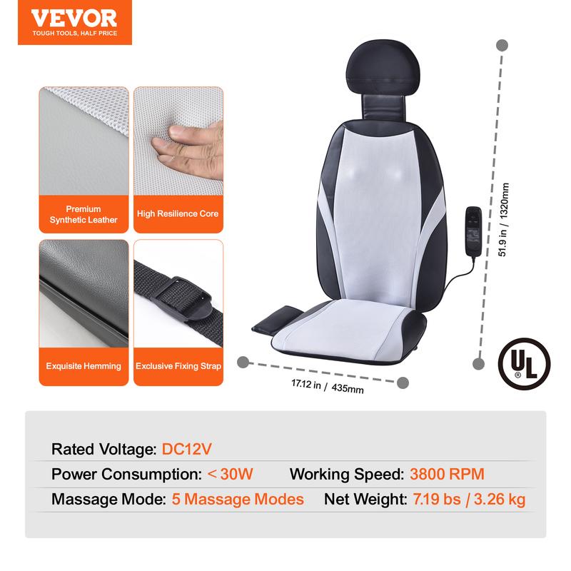 VEVOR Shiatsu Back Massager with Heat, Massage Seat Cushion with 2-Group Back Shiatsu Rollers and 2 Seat Vibration Motors, Fatigue Relief Seat Massage Chair Pad with 5 Vibration Modes for Home Office Relaxing Vibrating