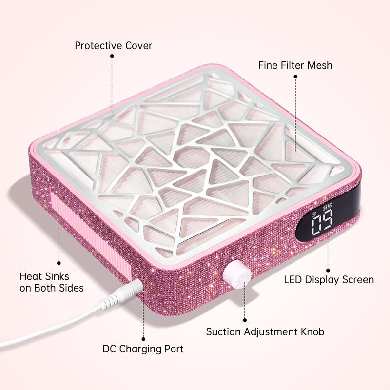 CHRISTINE SHELLY Cordless Nail Dust Collector 48W Rechargeable Sparkly Wireless, Powerful Dust Suction Machine Manicure Pedicure Tool For Acrylic Nails Polishing,  Nail Salon, Nail Care,Pink