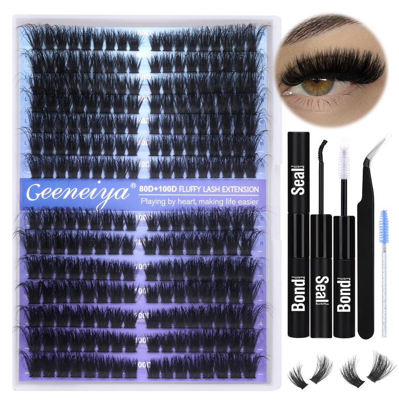 Geeneiya Pre-made Cat Eye Lash Clusters Kit Fluffy Lash Extension Kit 9-16mm Wispy Cluster Eyelash Extensions Kit 80D+100D Individual Eyelashes with Waterproof Lash Bond and Seal, Lash Tweezers