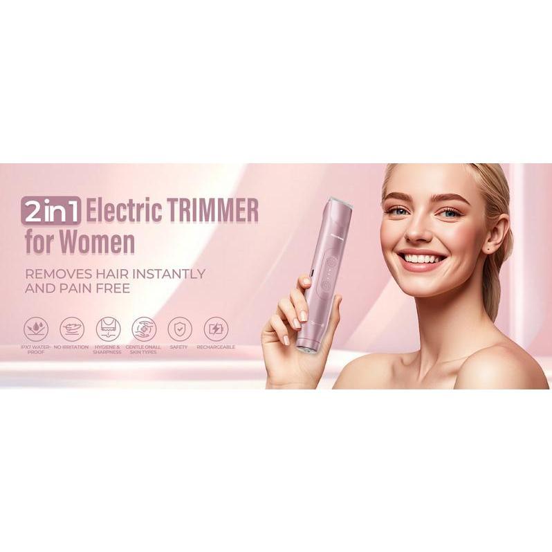 Akunbem Bikini Trimmer for Women,  Electric Shaver and Razor Rechargeable 2-in-1 Body and Facial Hair Removal Double Head for Painless Trimming of Pubic Face Underarm Legs, IPX7 Waterproof, Pink