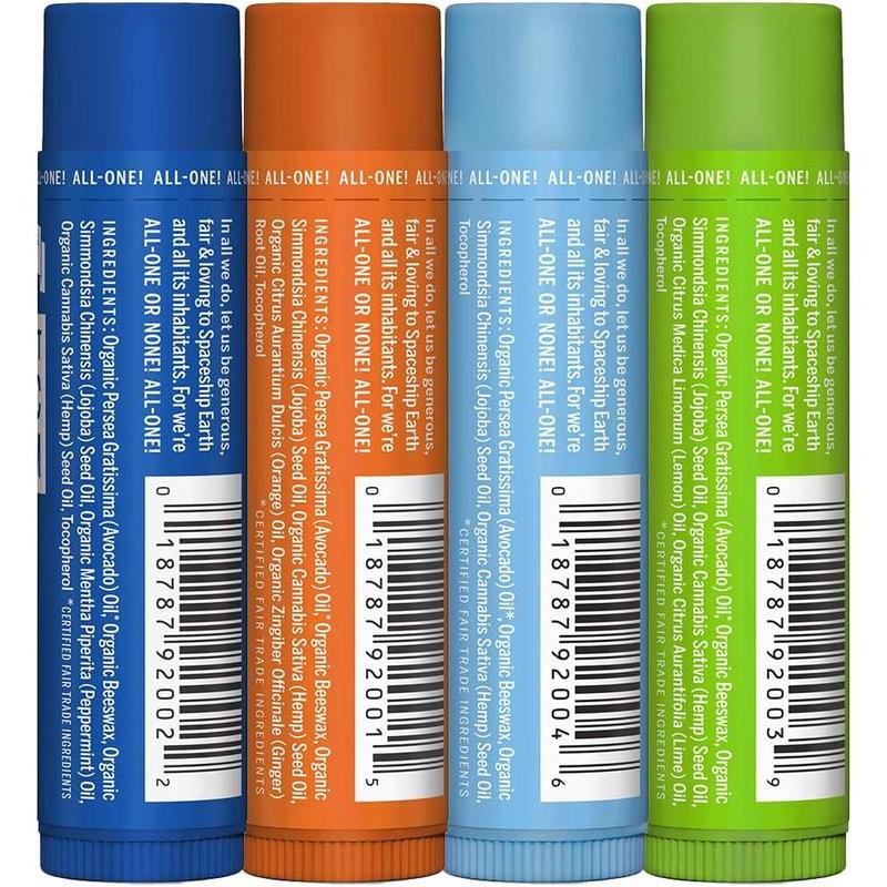 Dr. Bronner's - Organic Lip Balm Variety Peppermint, Orange Ginger, Naked, Lemon Lime) - Made with Organic Beeswax and Avocado Oil, For Dry Lips, Hands, Chin or Cheeks, 0.15 Ounce (Pack of 4)