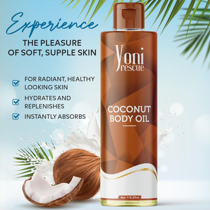 Coconut Body Oil, 4oz, with Apricot, Jojoba, Avocado Oils & Vitamin E Oil, Fast-Absorbing, Nourishes and Hydrates Skin, Skin Repair, Body Care, Ideal for All Skin Types,  Coconut Fragrance Moisturizer by Yoni Rescue