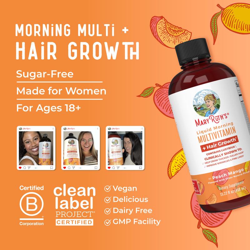 MaryRuth's Liquid Multivitamin + Hair Growth With Clinically Tested Lustriva - Thicker Hair - Reduce Wrinkles & Fine Lines - Vegan - 15.22 Fl Oz