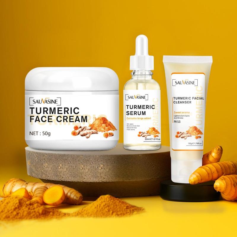 Turmeric Skincare Set, 3 Counts set Facial Cleanser & Serum & Face Cream, Deep Moisturizing Skin Care Kit, Gentle Nourishing Skin Care Kit for Women