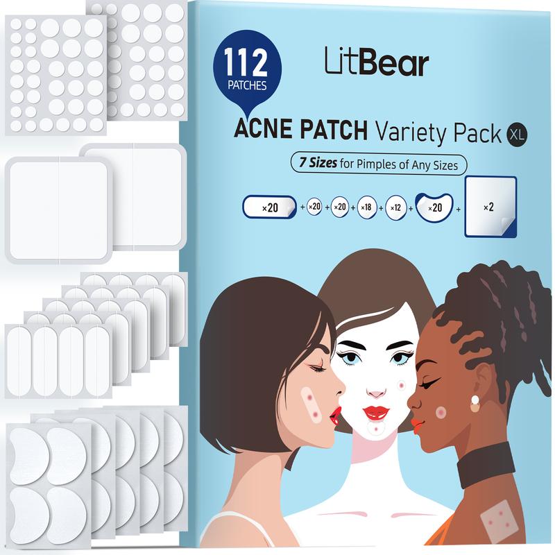 Large Pimple Patches 7 Sizes 112 Patches, Big Acne Patches Skincare, XL Acne Patches for Full Face, Forehead, Chin, Nose, Body, Back, Neck & Chest, Oval, Moon, Square star  patches