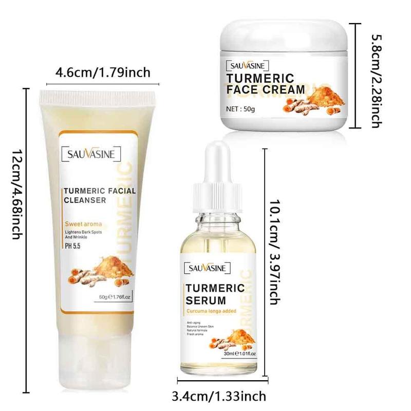 Turmeric Skincare Set, 3 Counts set Facial Cleanser & Serum & Face Cream, Deep Moisturizing Skin Care Kit, Gentle Nourishing Skin Care Kit for Women