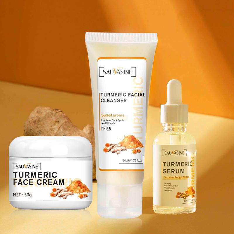 Turmeric Skincare Set, 3 Counts set Facial Cleanser & Serum & Face Cream, Deep Moisturizing Skin Care Kit, Gentle Nourishing Skin Care Kit for Women