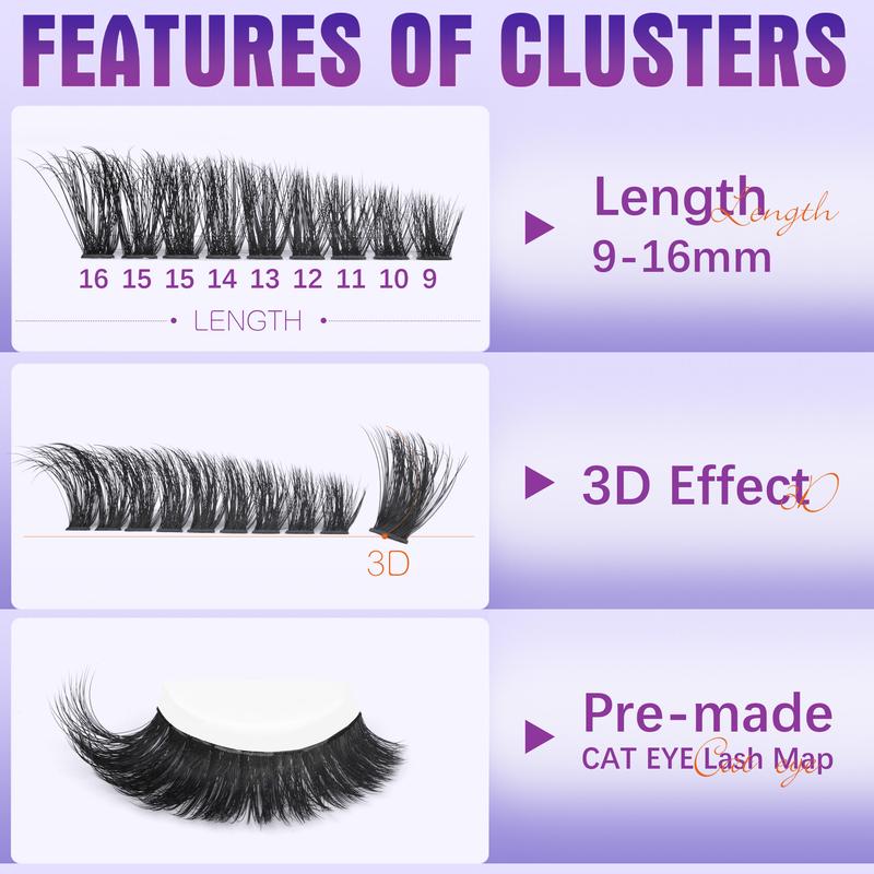 Geeneiya Pre-made Cat Eye Lash Clusters Kit Fluffy Lash Extension Kit 9-16mm Wispy Cluster Eyelash Extensions Kit 80D+100D Individual Eyelashes with Waterproof Lash Bond and Seal, Lash Tweezers