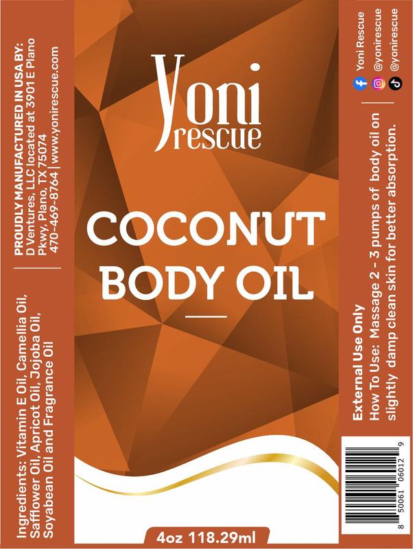 Coconut Body Oil, 4oz, with Apricot, Jojoba, Avocado Oils & Vitamin E Oil, Fast-Absorbing, Nourishes and Hydrates Skin, Skin Repair, Body Care, Ideal for All Skin Types,  Coconut Fragrance Moisturizer by Yoni Rescue