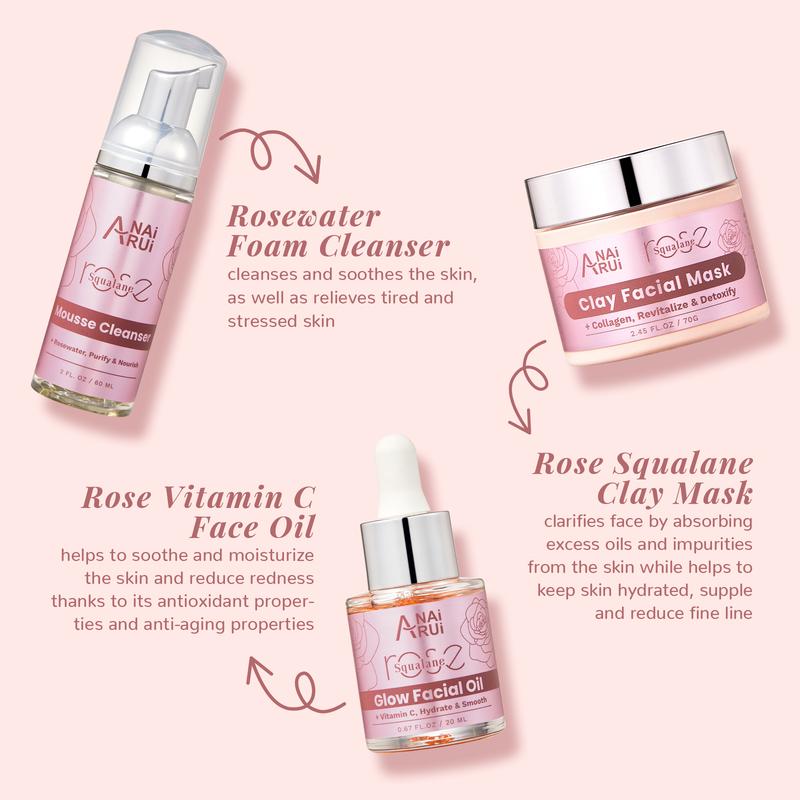 ANAiRUi Rose Squalane Extract Skincare Set- 1 Clay Mask & 1 Face Oil & 1 Foam Cleanser, Skin Care Kit for Moisturizing, Cleansing Skincare Gift Set