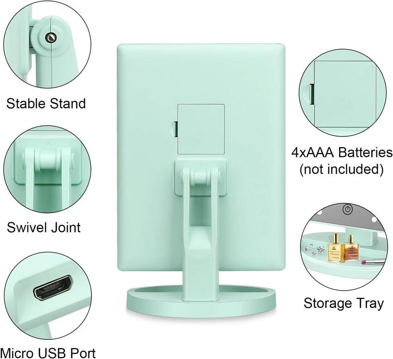 Tri-Fold Lighted Vanity Mirror with 21 LED Lights, Touch Screen and 3X 2X 1X Magnification, Two Power Supply Mode Make up Mirror,Travel Mirror (Green)