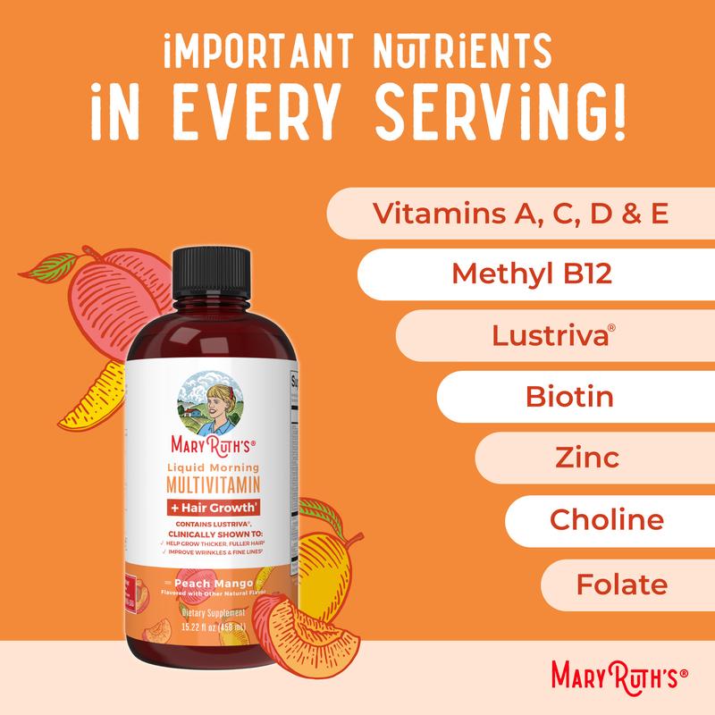 MaryRuth's Liquid Multivitamin + Hair Growth With Clinically Tested Lustriva - Thicker Hair - Reduce Wrinkles & Fine Lines - Vegan - 15.22 Fl Oz