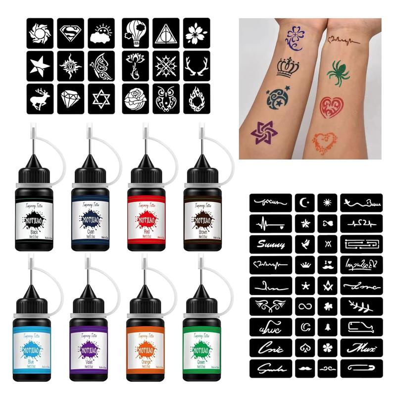 Temporary Tattoo Kit Waterproof Lasting for 3-7 days(Natural Plants Based) Including 178 Pcs Free Stencils Temporary Tattoo ink 8 Bottles with 8 Colors Suitable for Kids and adults