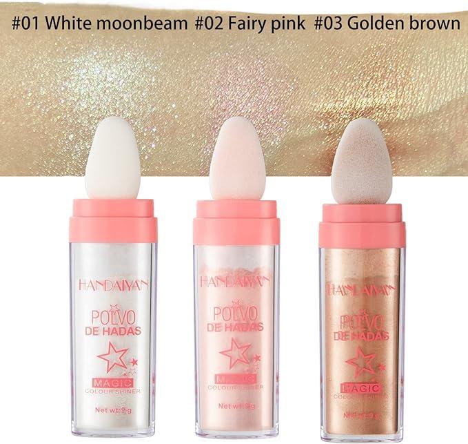 Shimmering Highlighter Powder with Soft Makeup Sponge Head, Long Lasting Pearly Makeup White & Pink, Body Highlighting Cosmetic, Nose Contouring & Facial Highlighting Powder Stick for Party, Beauty Trending Products