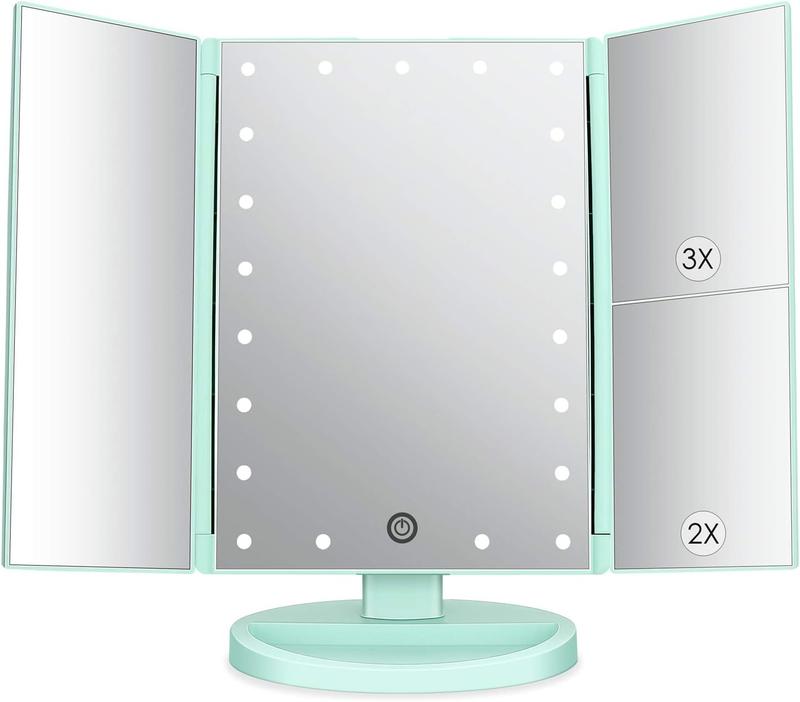 Tri-Fold Lighted Vanity Mirror with 21 LED Lights, Touch Screen and 3X 2X 1X Magnification, Two Power Supply Mode Make up Mirror,Travel Mirror (Green)