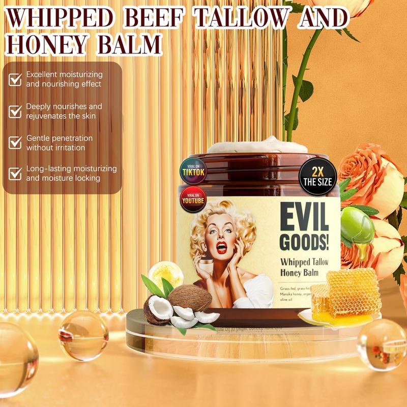 EVILGOODS Whipped Beef Tallow and Manuka Honey Balm, 4oz, Organic Face Cream, Moisturizer, Body Lotion, Skin Care and Lip Balm