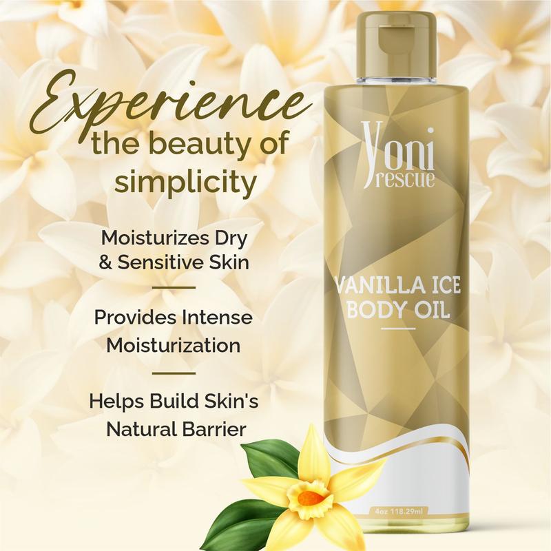 Vanilla Ice Body Oil, 4oz, with Apricot, Jojoba, Avocado Oils & Vitamin E Oil, Fast-Absorbing, Nourishes and Hydrates Skin, Skin Repair, Body Care, Ideal for All Skin Types, Vanilla Fragrance Moisturizer by Yoni Rescue body oil